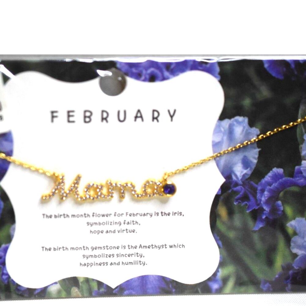 NIP February Gold Tone "Mama" Crystal Accent Birthstone Charm15.5" Necklace